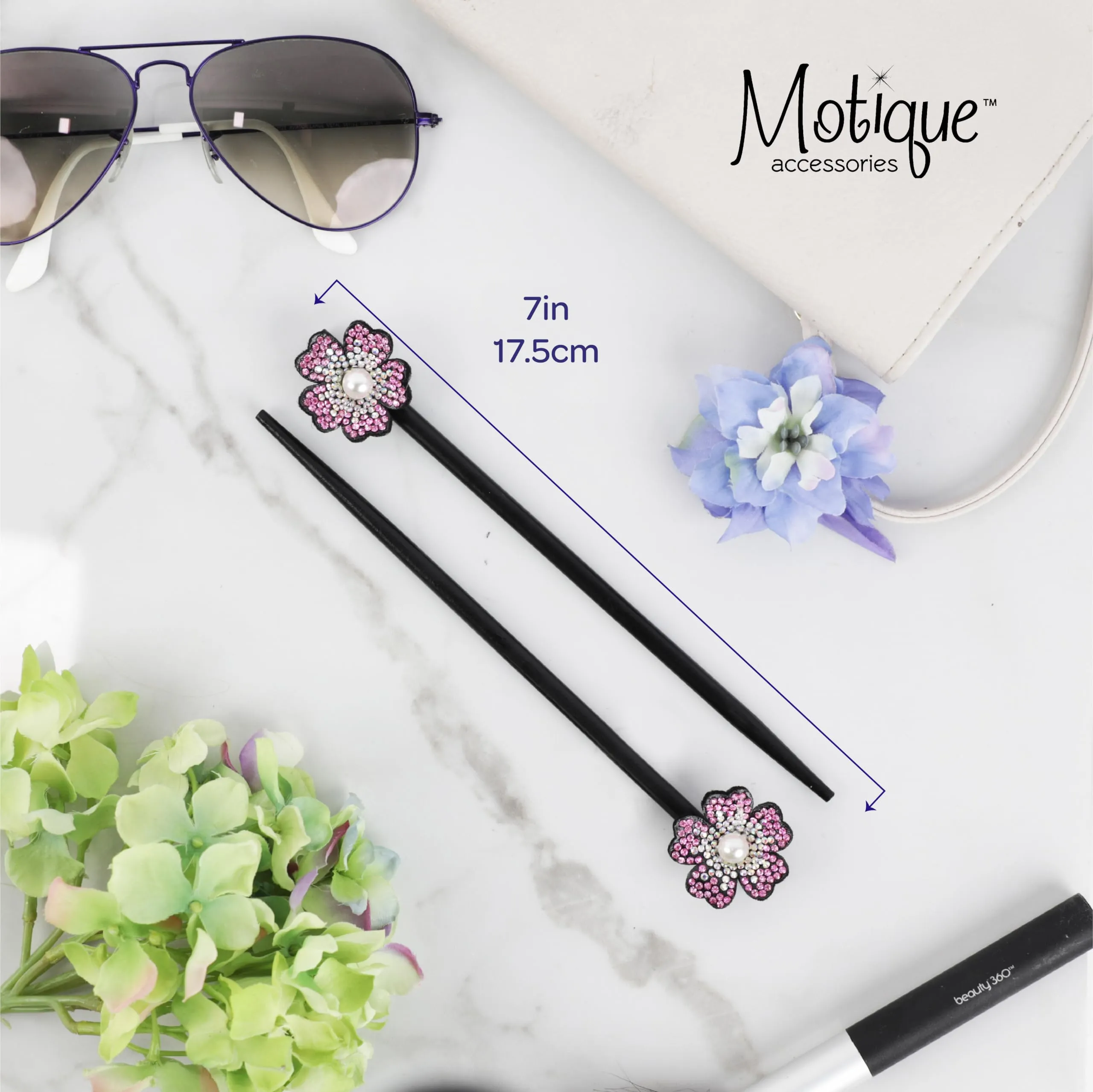 Black Wooden Hair Sticks with Rhinestone Flowers, 2 Pieces (Pink)
