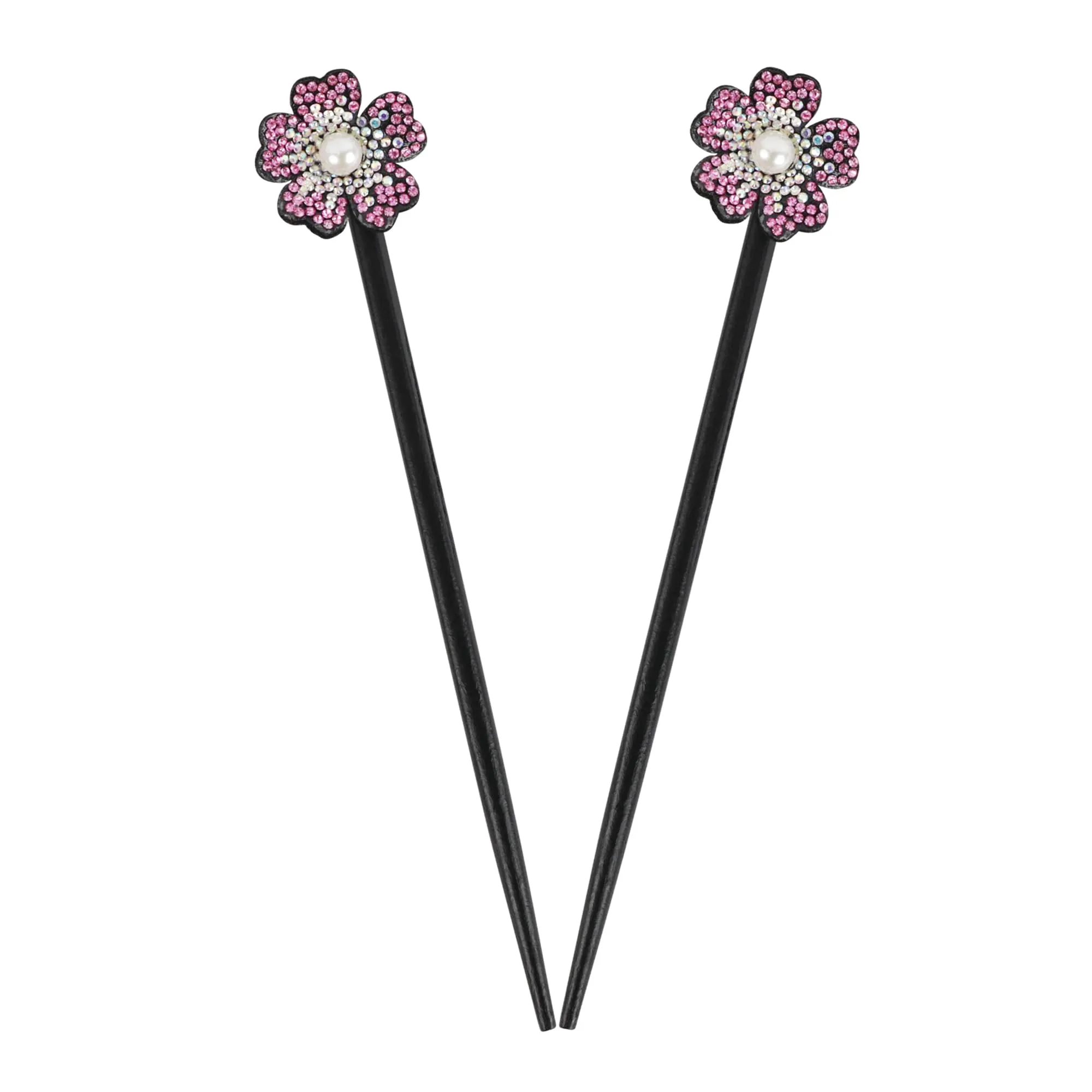 Black Wooden Hair Sticks with Rhinestone Flowers, 2 Pieces (Pink)