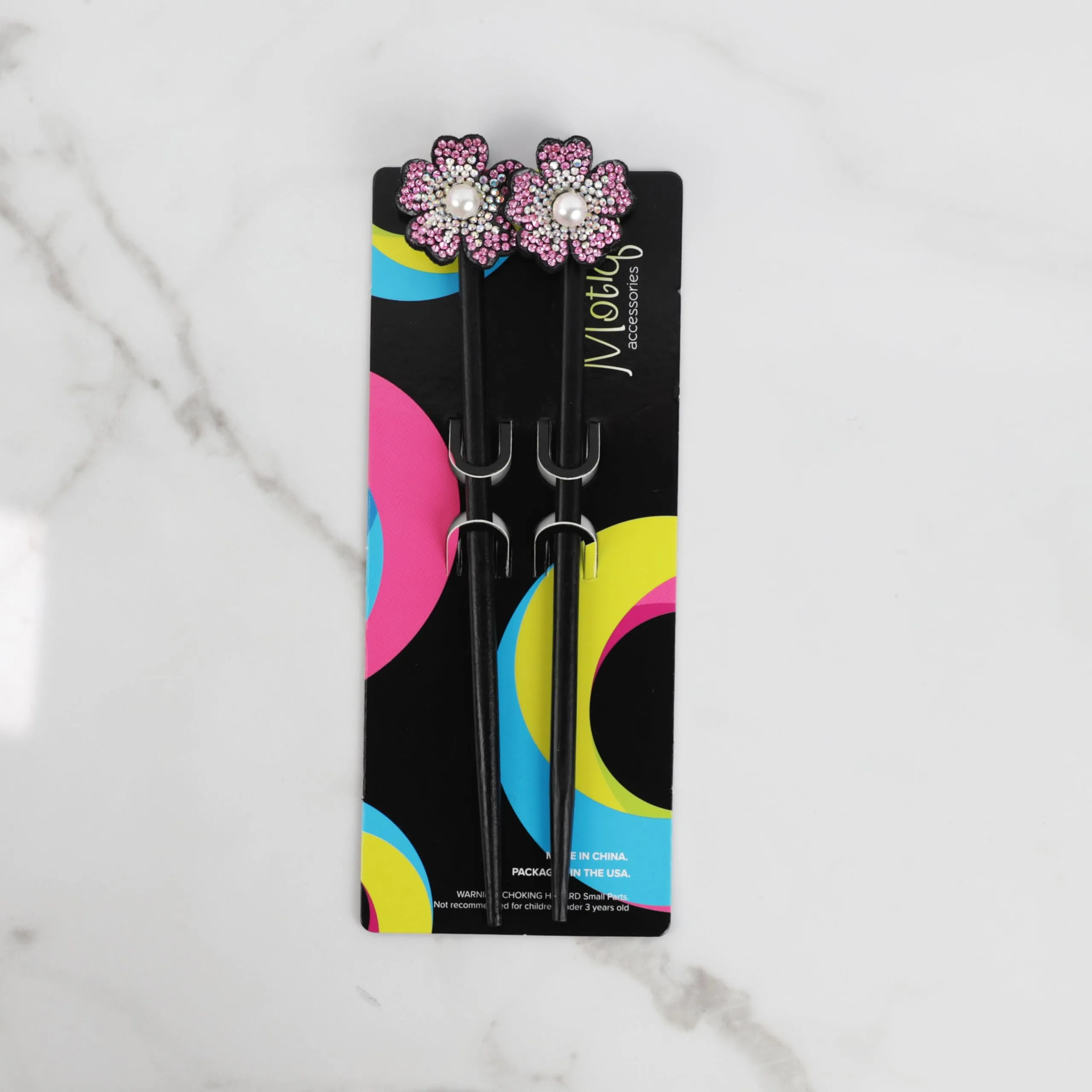 Black Wooden Hair Sticks with Rhinestone Flowers, 2 Pieces (Pink)