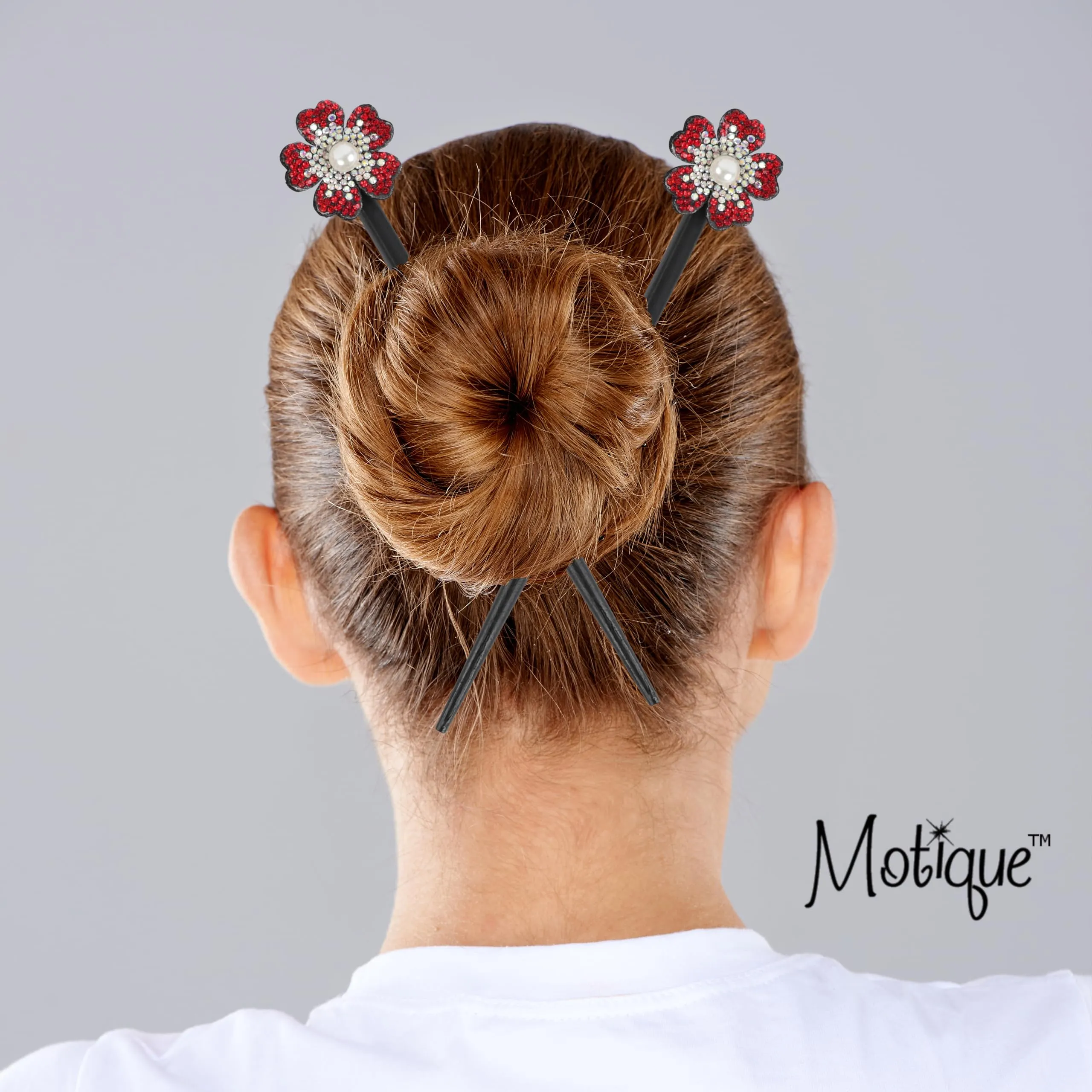 Black Wooden Hair Sticks with Rhinestone Flowers, 2 Pieces (Red)