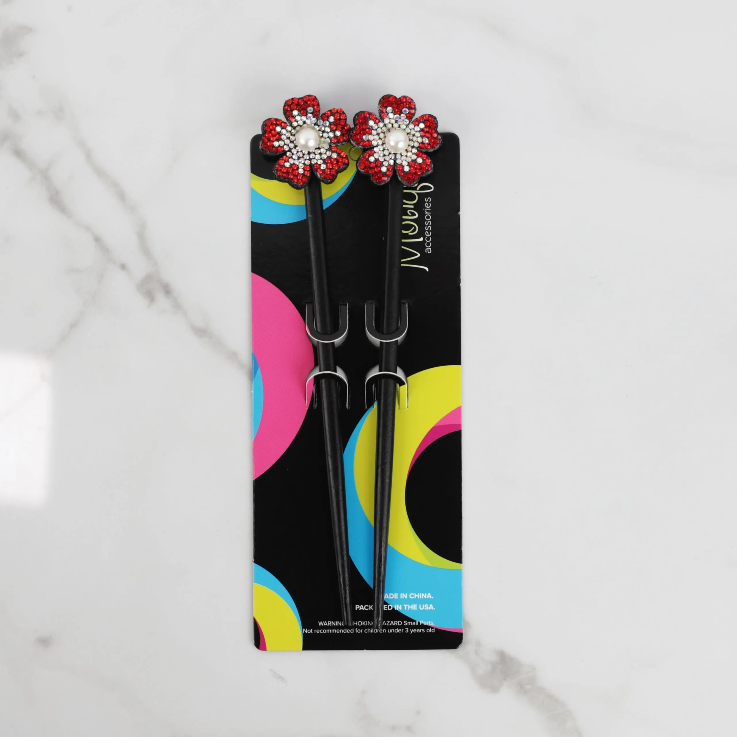 Black Wooden Hair Sticks with Rhinestone Flowers, 2 Pieces (Red)