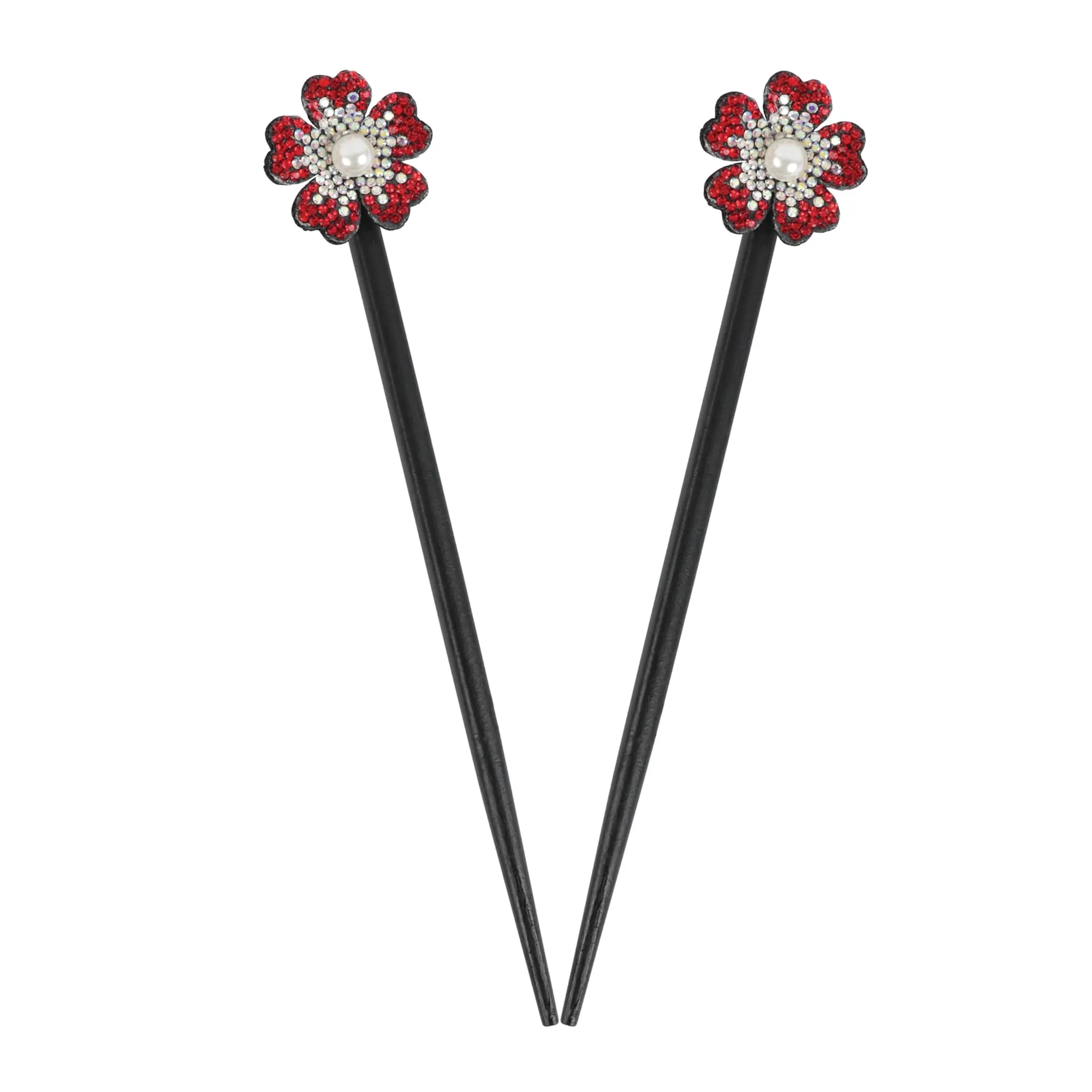 Black Wooden Hair Sticks with Rhinestone Flowers, 2 Pieces (Red)