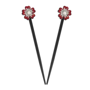 Black Wooden Hair Sticks with Rhinestone Flowers, 2 Pieces (Red)