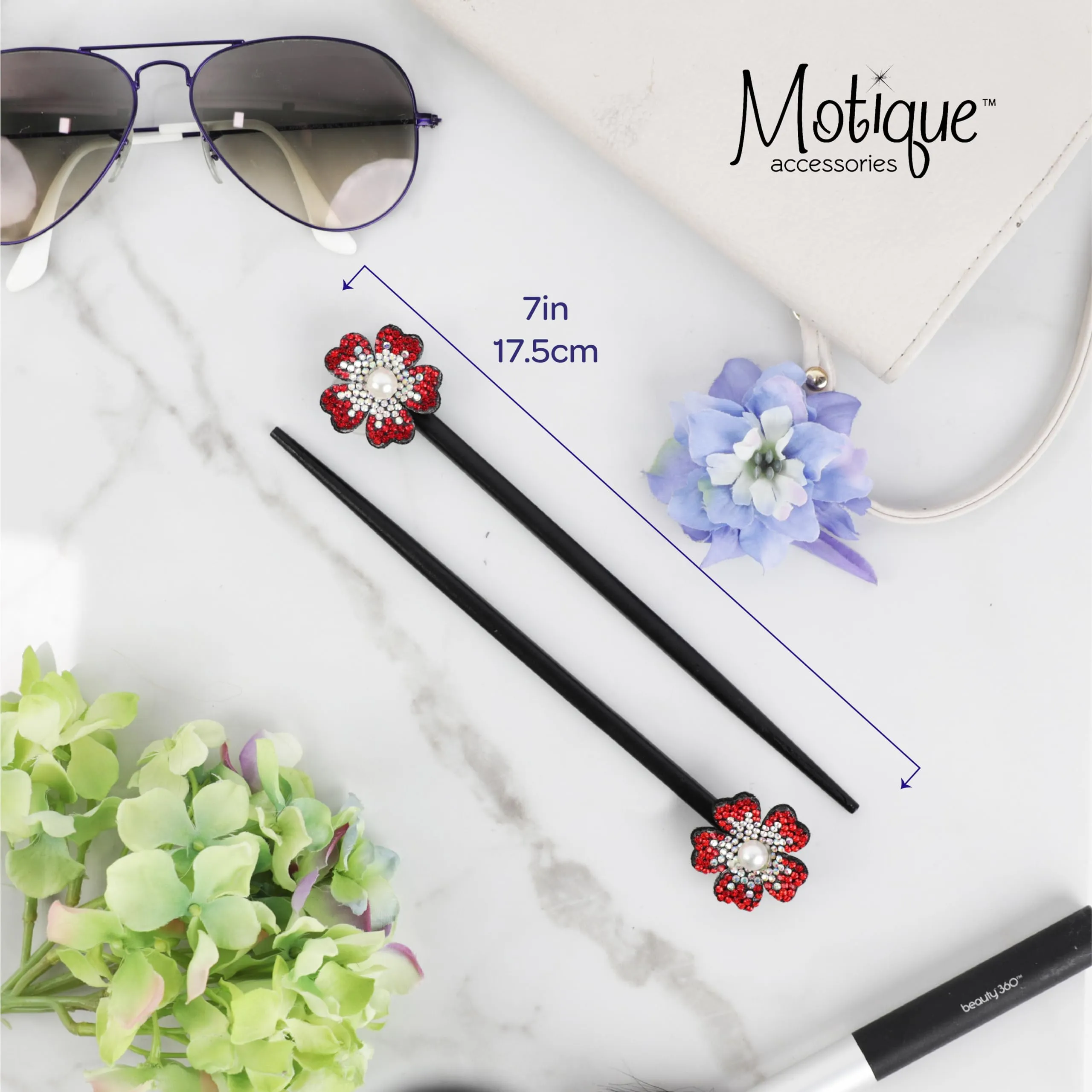 Black Wooden Hair Sticks with Rhinestone Flowers, 2 Pieces (Red)