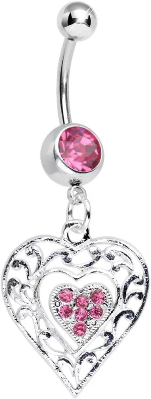 Body Candy Pink Layered Love Dual Heart Dangle Belly Ring