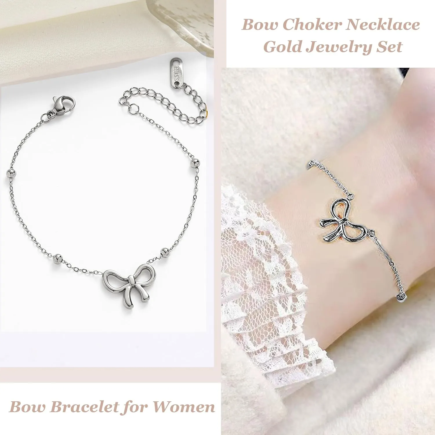 Bow Necklace Earrings Bracelet Set Bow Jewelry Set for Women Bowknot Pendant Chain Necklace Ribbon Stud Earrings Coquette Stuff Accessories Christmas Gifts