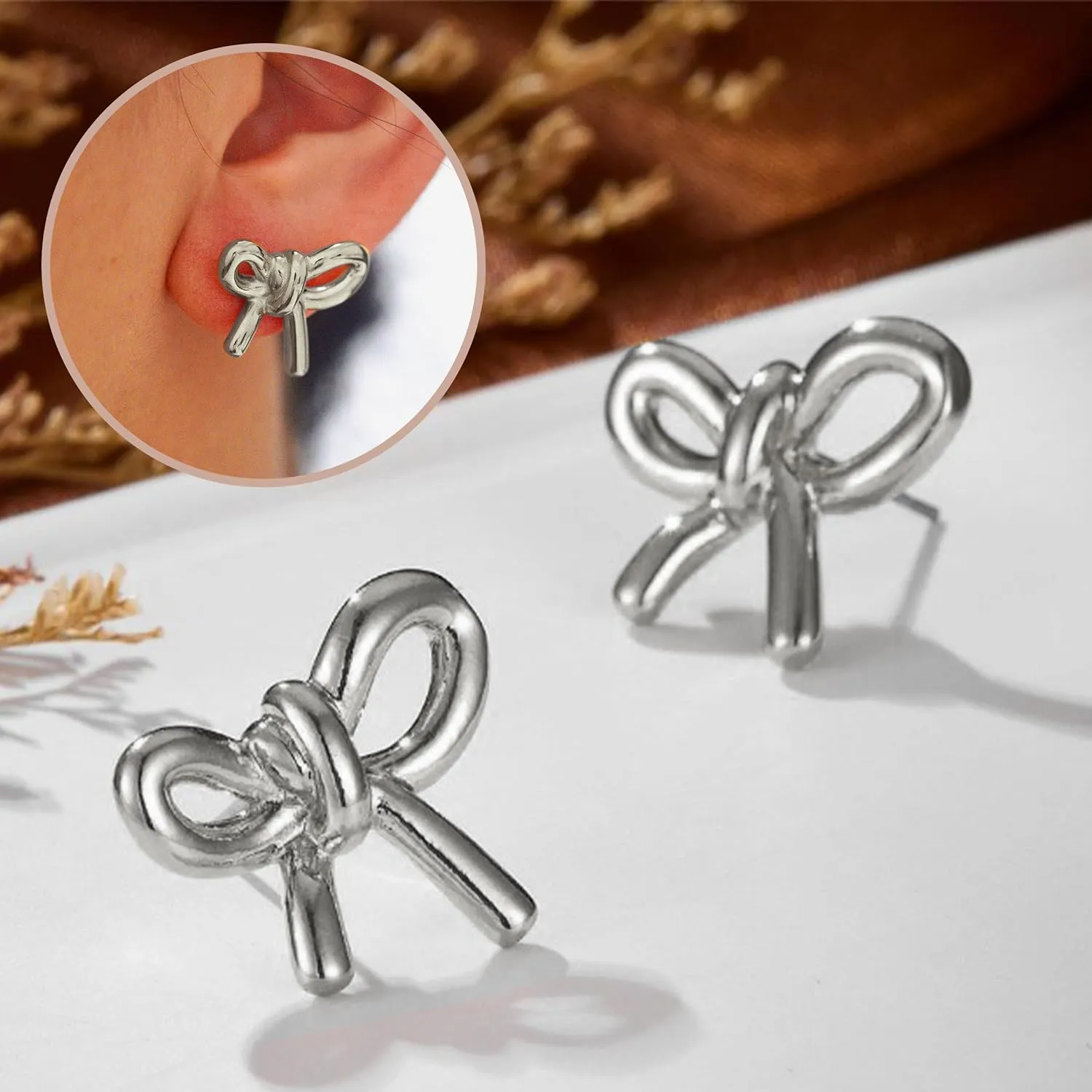 Bow Necklace Earrings Bracelet Set Bow Jewelry Set for Women Bowknot Pendant Chain Necklace Ribbon Stud Earrings Coquette Stuff Accessories Christmas Gifts