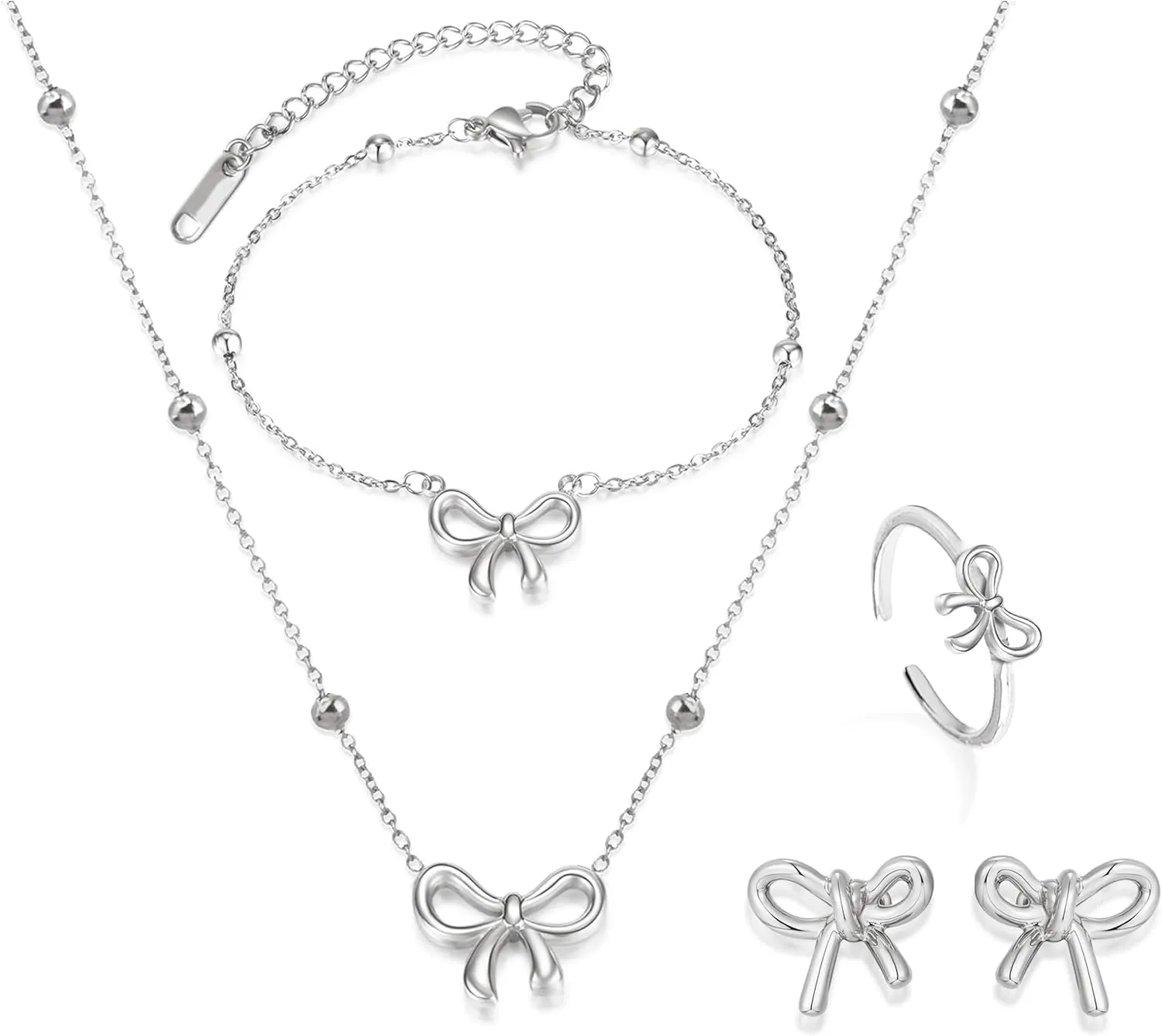 Bow Necklace Earrings Bracelet Set Bow Jewelry Set for Women Bowknot Pendant Chain Necklace Ribbon Stud Earrings Coquette Stuff Accessories Christmas Gifts