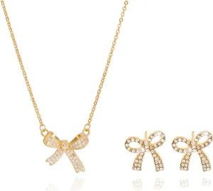 Bow Necklace Earrings Bracelet Set Bow Jewelry Set for Women Bowknot Pendant Chain Necklace Ribbon Stud Earrings Coquette Stuff Accessories Christmas Gifts
