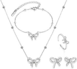 Bow Necklace Earrings Bracelet Set Bow Jewelry Set for Women Bowknot Pendant Chain Necklace Ribbon Stud Earrings Coquette Stuff Accessories Christmas Gifts