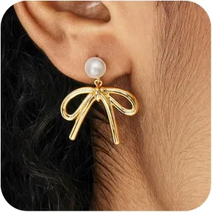 Bow Pearl Earrings for Women Bow Earrings Dainty 14K Gold Plated Bow Dangle Earrings 925 Sterling Silver Post Pearl Dangle Earrings Wedding Statement Jewelry