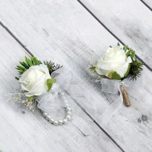 Bulk Ivory Rose Wrist Corsage Wristband Bracelet and Men Boutonniere Set for White Wedding Wholesale