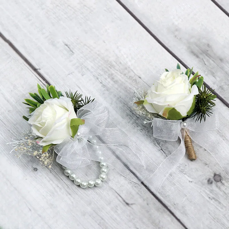 Bulk Ivory Rose Wrist Corsage Wristband Bracelet and Men Boutonniere Set for White Wedding Wholesale