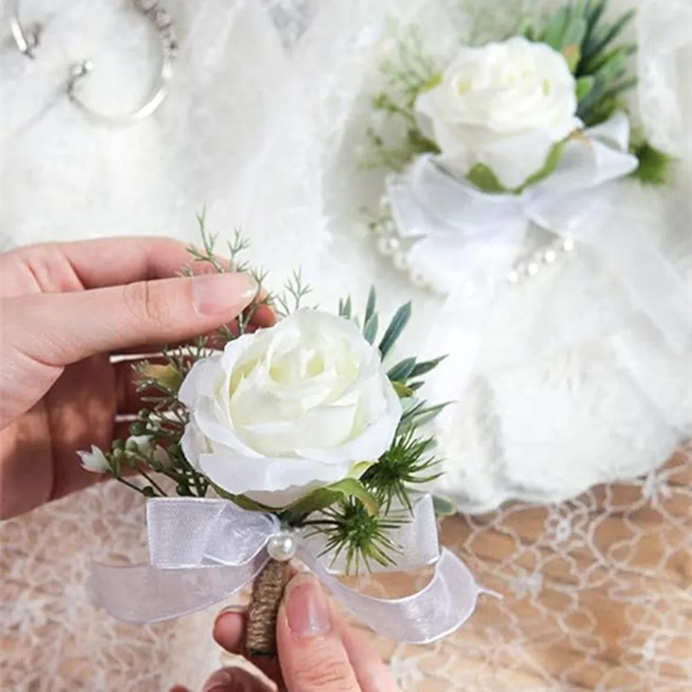 Bulk Ivory Rose Wrist Corsage Wristband Bracelet and Men Boutonniere Set for White Wedding Wholesale