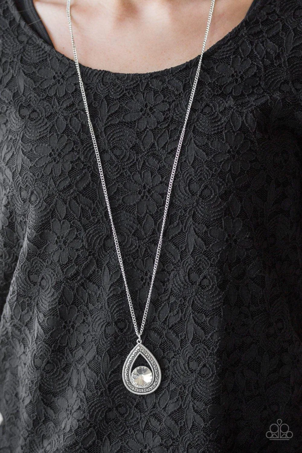 Castle Cabaret White Teardrop Rhinestone Necklace - Paparazzi Accessories