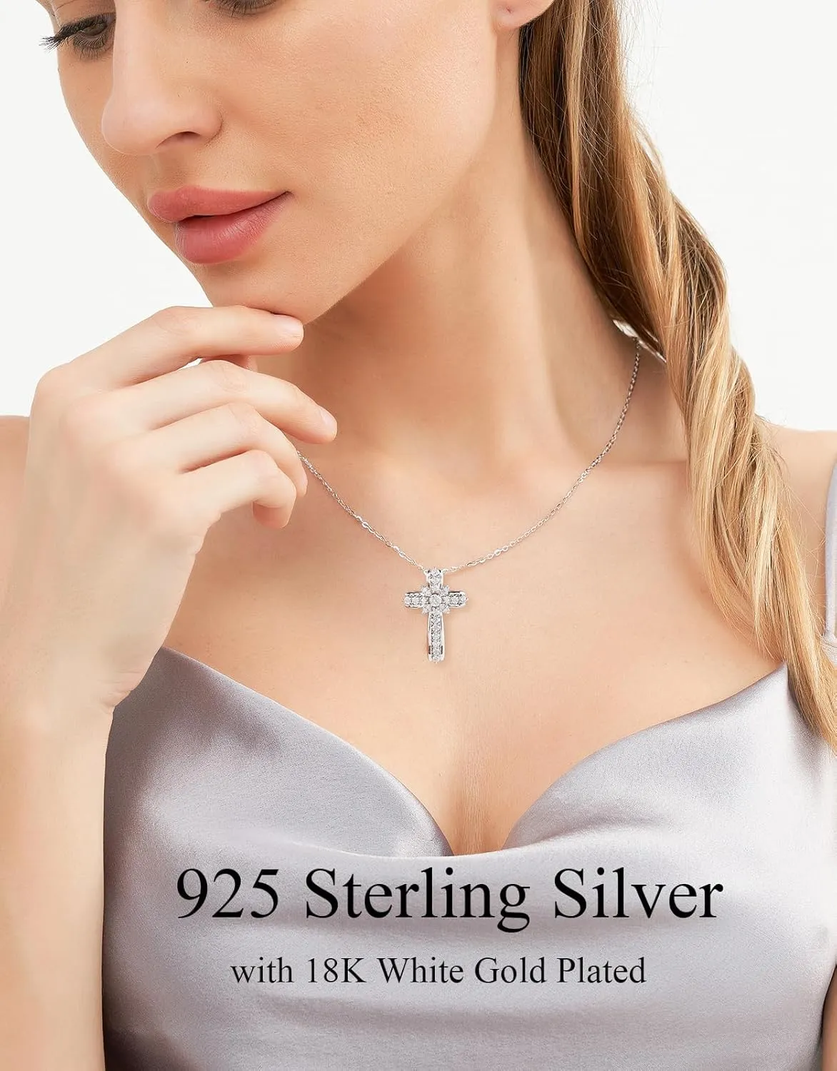Christian Cross Moissanite Pendant Necklace for Women, D Color VVS1 925 Sterling Silver Plated 18k White Gold 20 Inches Chain
