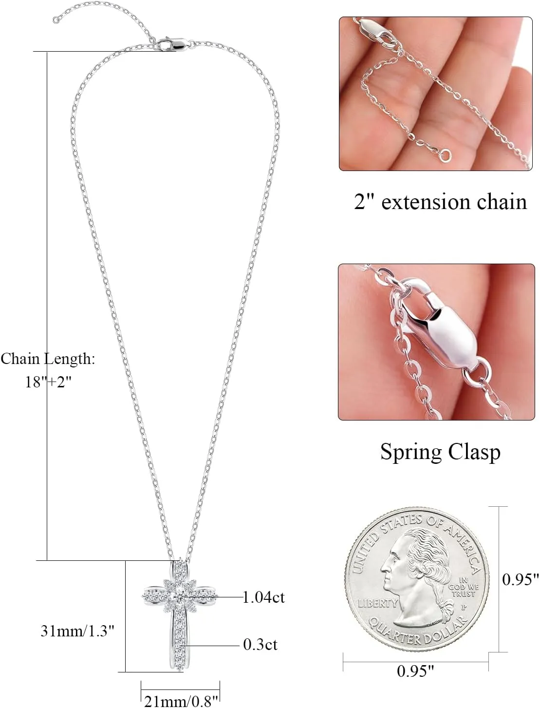 Christian Cross Moissanite Pendant Necklace for Women, D Color VVS1 925 Sterling Silver Plated 18k White Gold 20 Inches Chain