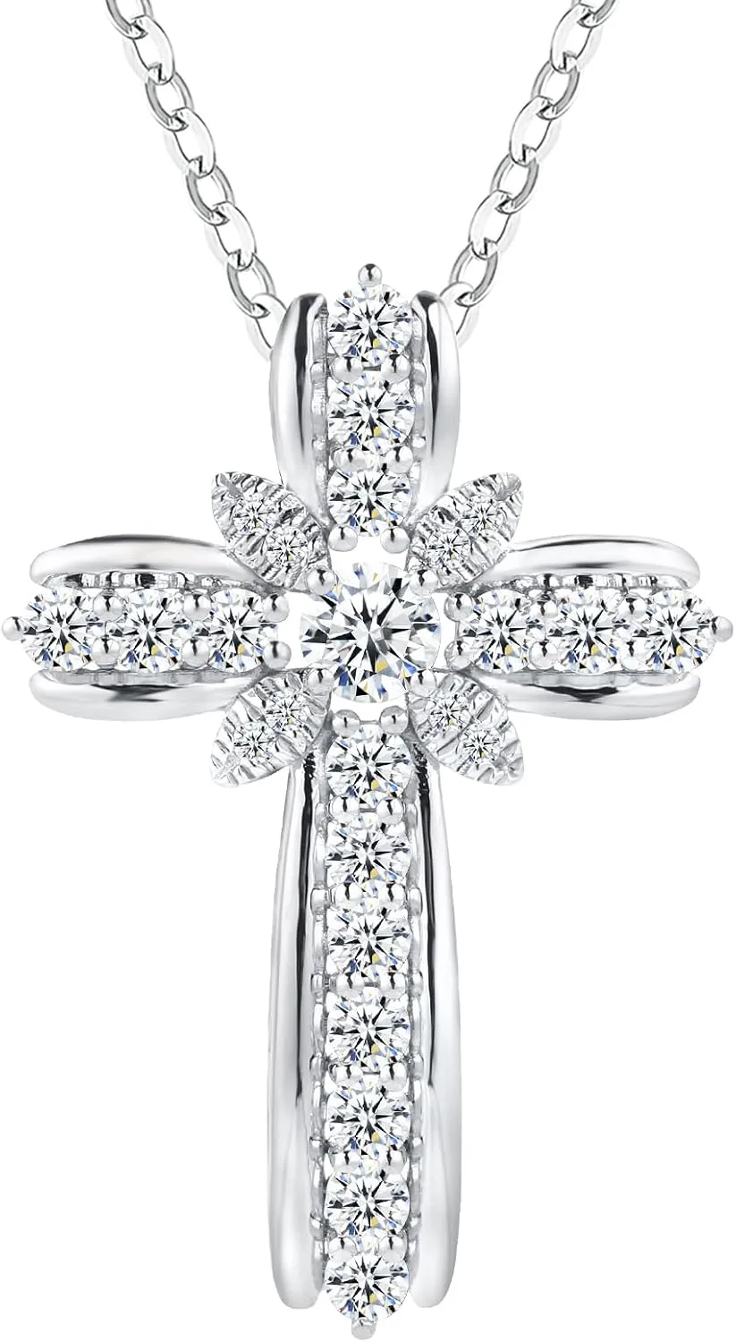 Christian Cross Moissanite Pendant Necklace for Women, D Color VVS1 925 Sterling Silver Plated 18k White Gold 20 Inches Chain