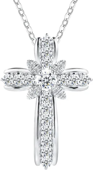 Christian Cross Moissanite Pendant Necklace for Women, D Color VVS1 925 Sterling Silver Plated 18k White Gold 20 Inches Chain