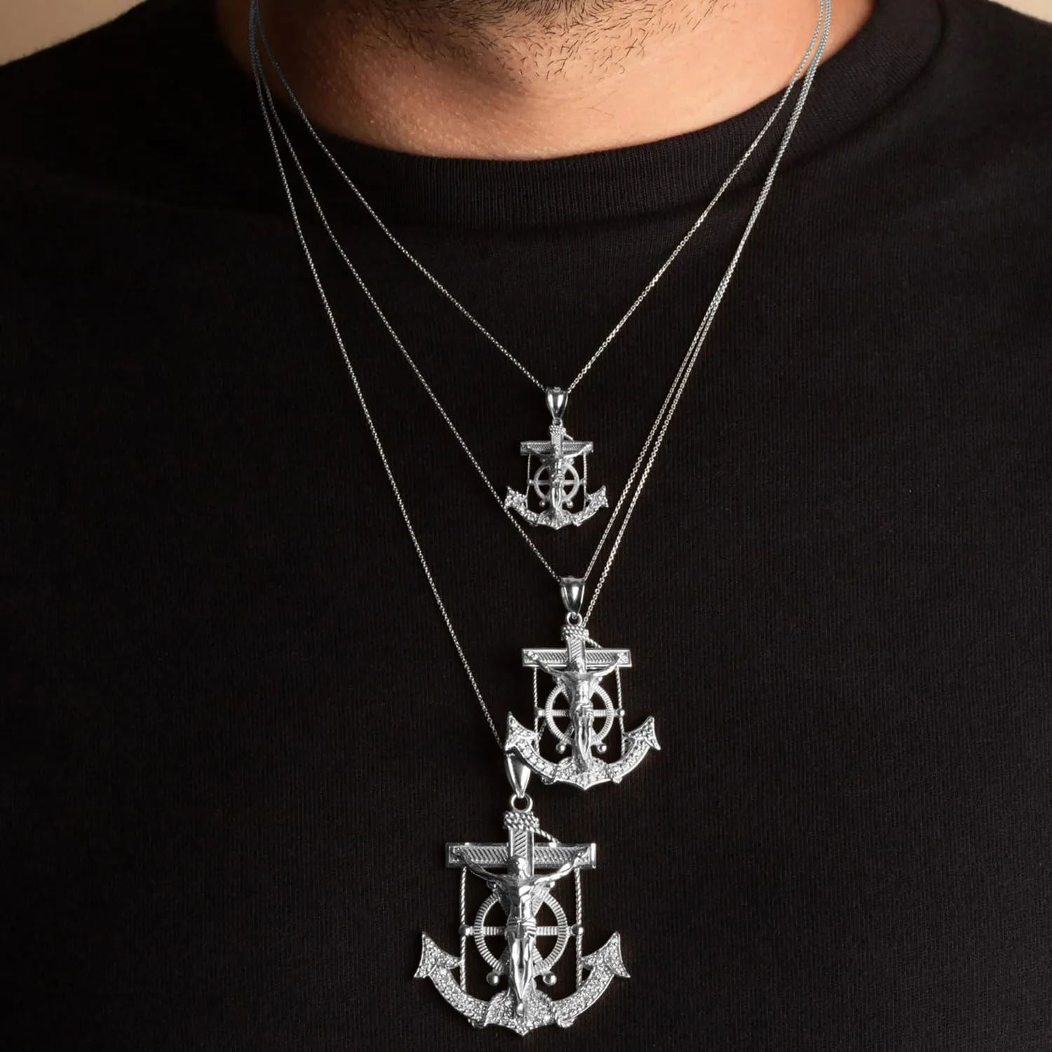 Claddagh Gold .925 Sterling Silver Mariner Cross Crucifix Anchor Jesus Christ Studded Pendant Necklace Available in (Small, Medium & Large)