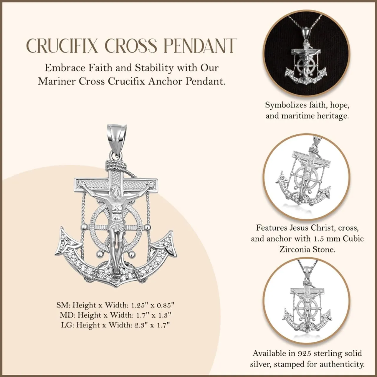 Claddagh Gold .925 Sterling Silver Mariner Cross Crucifix Anchor Jesus Christ Studded Pendant Necklace Available in (Small, Medium & Large)