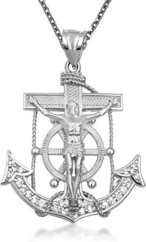 Claddagh Gold .925 Sterling Silver Mariner Cross Crucifix Anchor Jesus Christ Studded Pendant Necklace Available in (Small, Medium & Large)