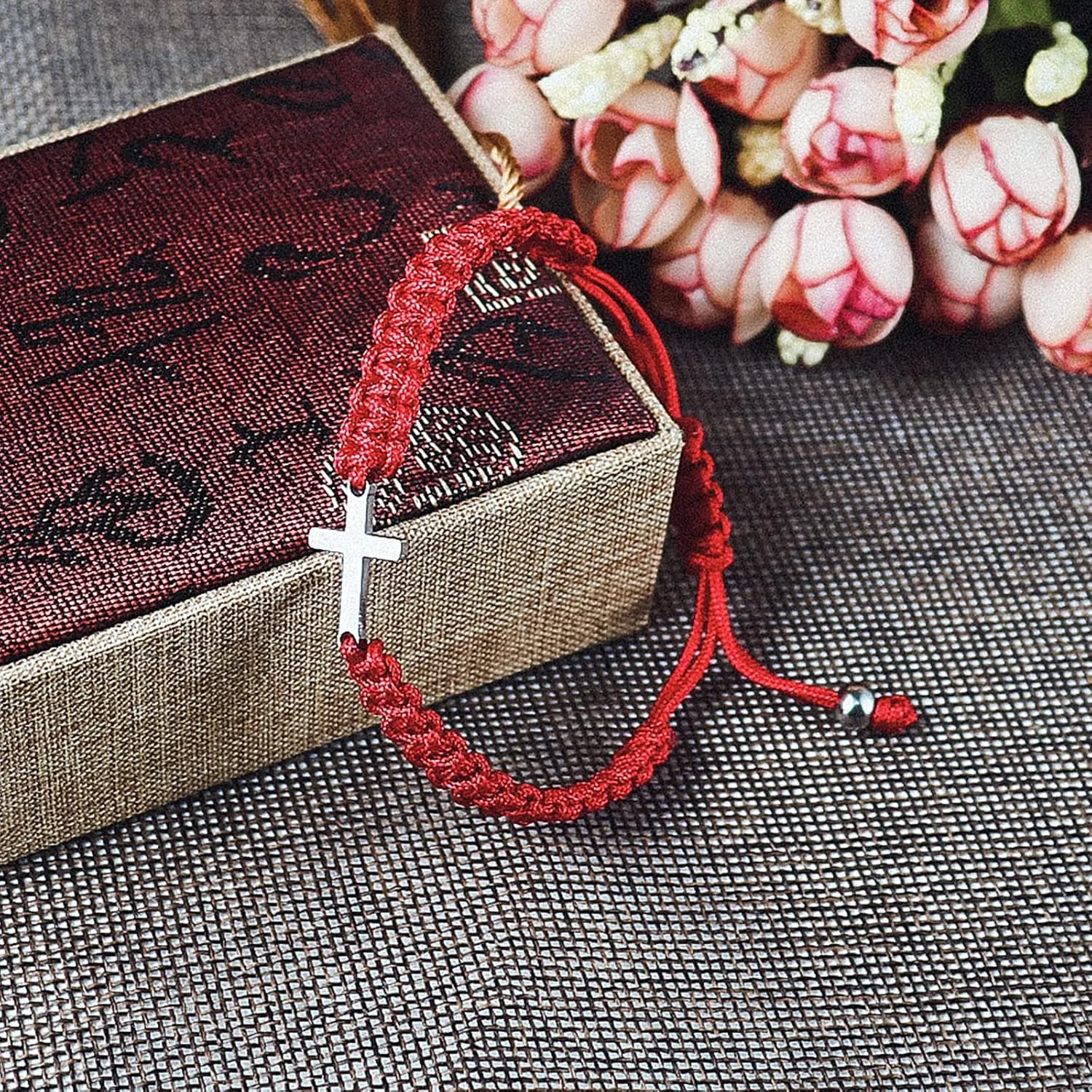 COLORFUL BLING Handmade Braided Cross Black Red String Protection Bracelet Stainless Steel Sideways Faith Hope Blessed Wrap Bangle Religion Jewelry