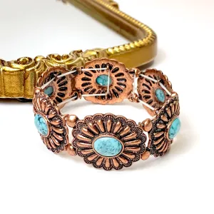 Concho Bracelet with Faux Turquoise Center Stones in Copper Tone