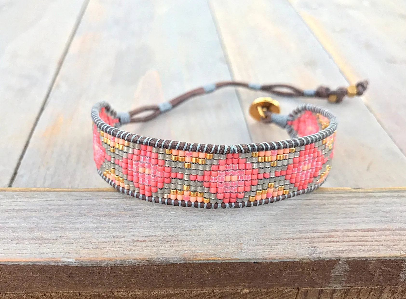 Coral and Gray Geometric Bead Loom Woven Bracelet