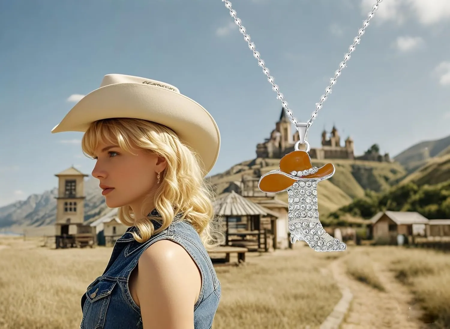 Cowgirl Boots Pendant Necklace for Women, Western Bohemian O Chain with Rhinestone Charm, Cowboy Hat and Boot Jewelry Accessories