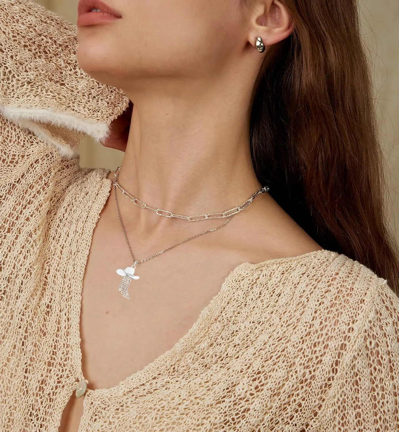 Cowgirl Boots Pendant Necklace for Women, Western Bohemian O Chain with Rhinestone Charm, Cowboy Hat and Boot Jewelry Accessories