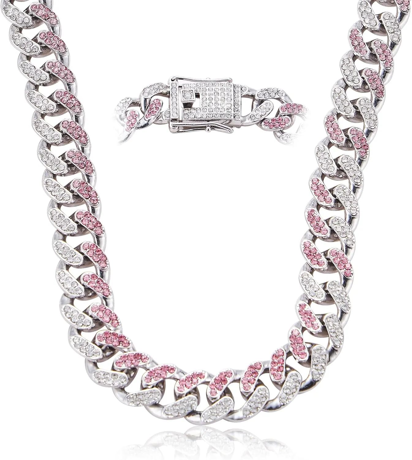 Cuban Link Chain for Women Diamond Miami Cuban Choker Necklace Pink Crystal Iced Out Chain Bling Hip Hop Jewelry