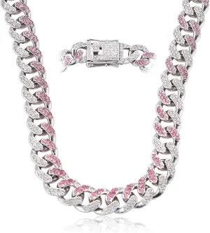 Cuban Link Chain for Women Diamond Miami Cuban Choker Necklace Pink Crystal Iced Out Chain Bling Hip Hop Jewelry