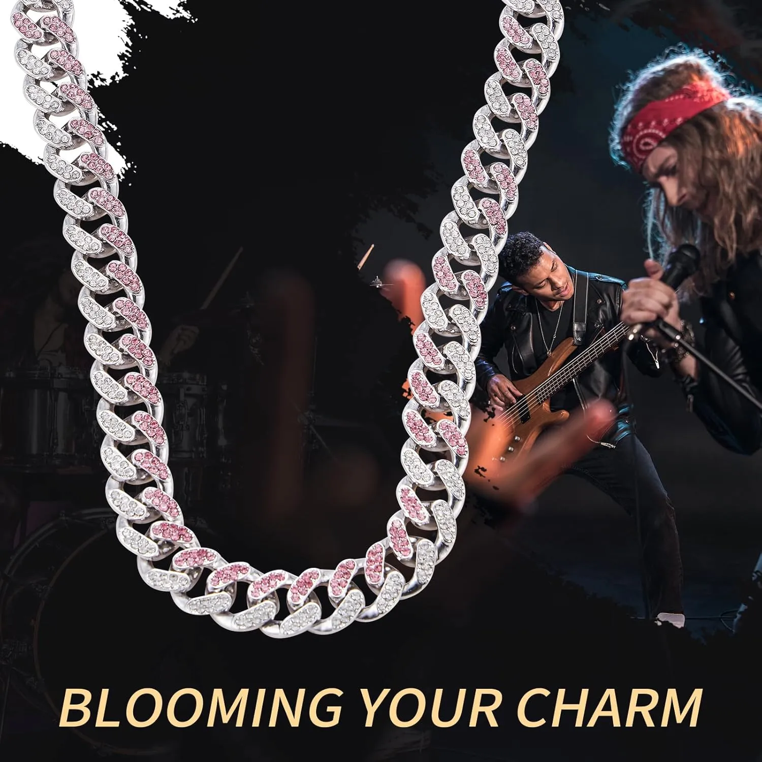 Cuban Link Chain for Women Diamond Miami Cuban Choker Necklace Pink Crystal Iced Out Chain Bling Hip Hop Jewelry