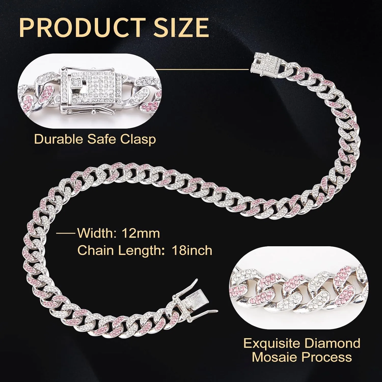 Cuban Link Chain for Women Diamond Miami Cuban Choker Necklace Pink Crystal Iced Out Chain Bling Hip Hop Jewelry
