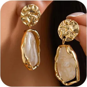 Dainty Irregular Crystal Drop Dangle Earrings for Women Trendy, Statement Chunky 14K Gold Dangly Asymmetric Geometric Zircon Earrings Vintage Jewelry