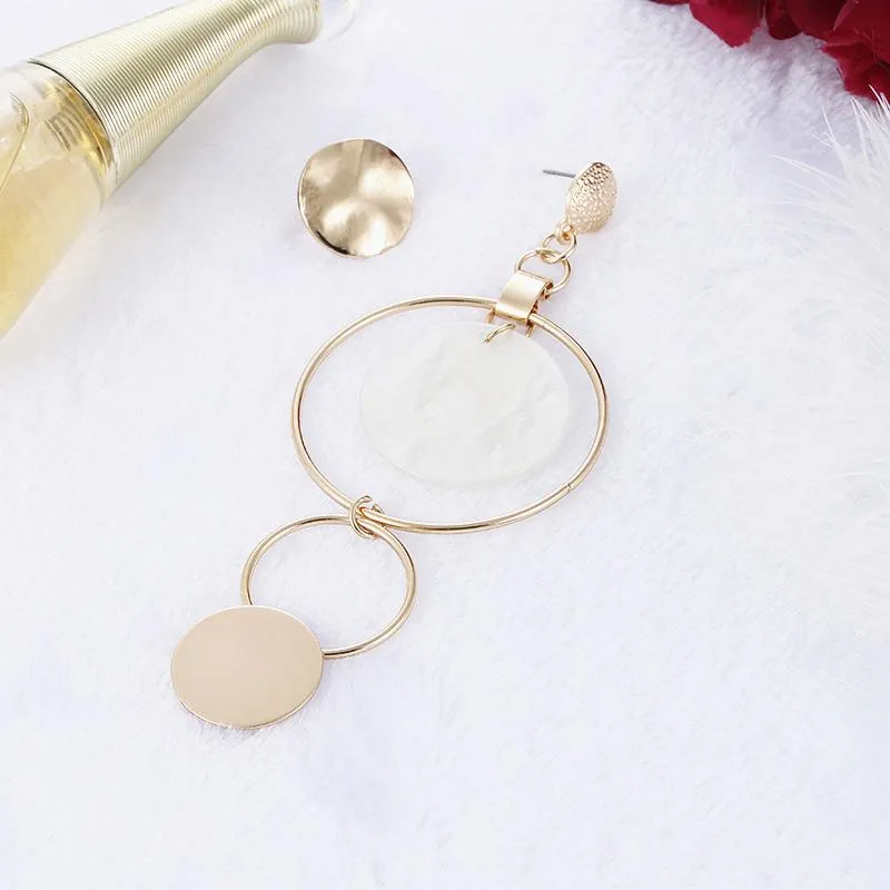 E0367 Korean Style Asymmetric Earrings Gold Color Big Hollow Round Circle Long Drop Earrings For Women Fashion Ear Jewelry Gift