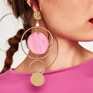 E0367 Korean Style Asymmetric Earrings Gold Color Big Hollow Round Circle Long Drop Earrings For Women Fashion Ear Jewelry Gift