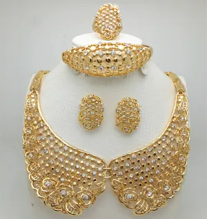 Elegant 18k Collar Gold Plated Necklace Earring Bangle Jewelry Party Set