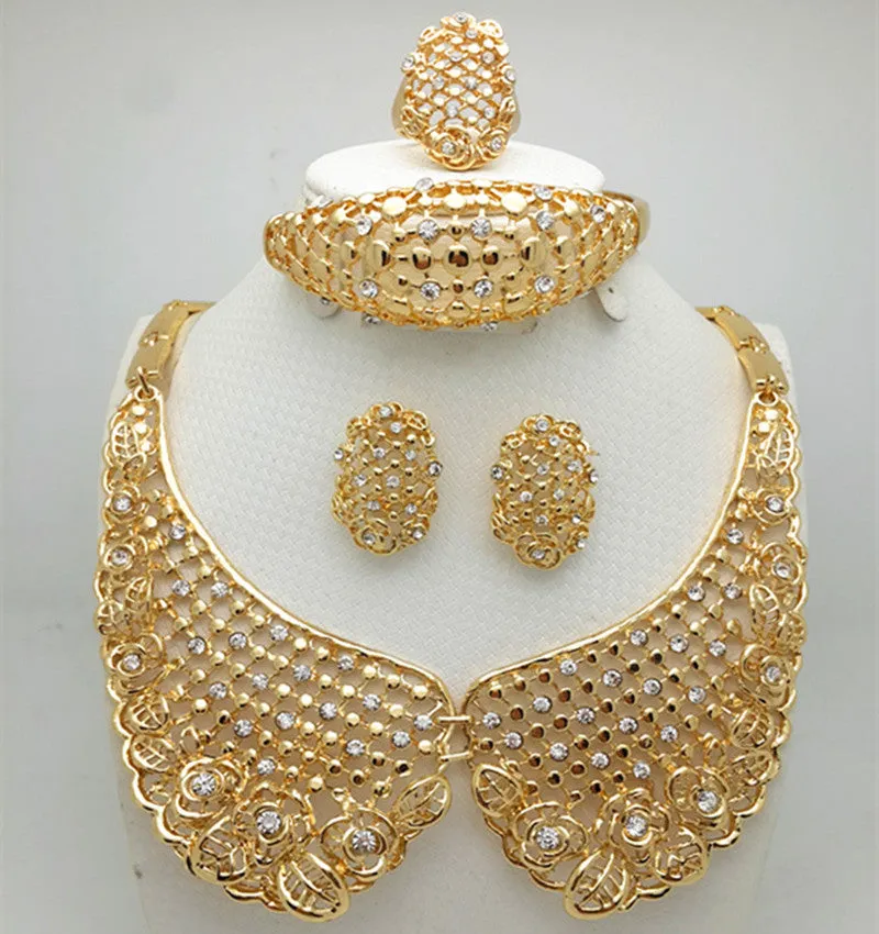 Elegant 18k Collar Gold Plated Necklace Earring Bangle Jewelry Party Set