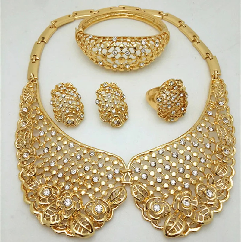 Elegant 18k Collar Gold Plated Necklace Earring Bangle Jewelry Party Set