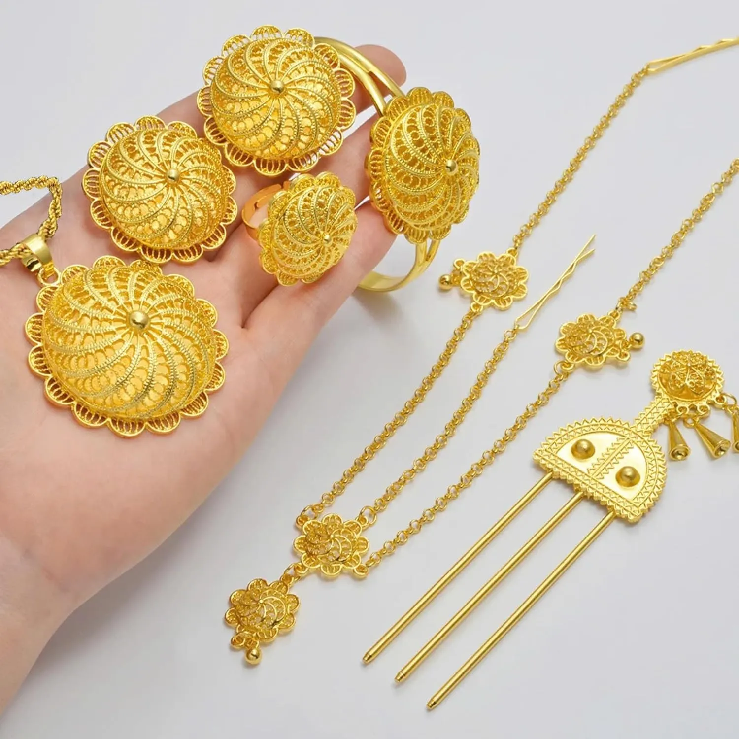 Ethiopian Traditional Jewelry | Eritrean Jewelry for Women Set | Ethiopian African Jewelry Wedding Sets 6pcs Includes Earrings, Necklace Pendant, Ring, Bangle, Hair Chain, Hairpin