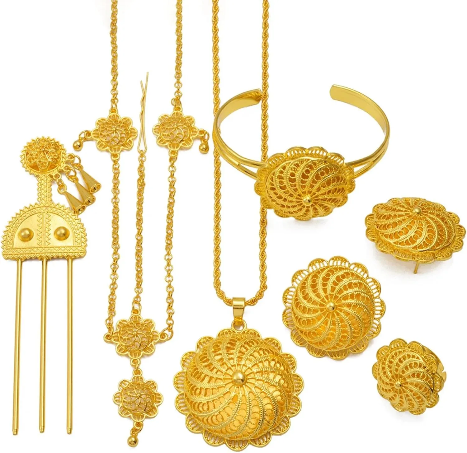 Ethiopian Traditional Jewelry | Eritrean Jewelry for Women Set | Ethiopian African Jewelry Wedding Sets 6pcs Includes Earrings, Necklace Pendant, Ring, Bangle, Hair Chain, Hairpin
