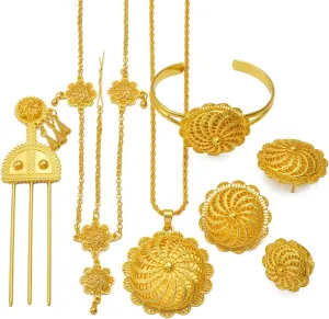 Ethiopian Traditional Jewelry | Eritrean Jewelry for Women Set | Ethiopian African Jewelry Wedding Sets 6pcs Includes Earrings, Necklace Pendant, Ring, Bangle, Hair Chain, Hairpin