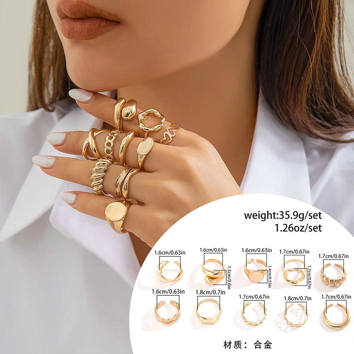 European and American Jewelry Collection: Glamorous Glossy Ball Ring Set with Open Round Design, Unique Geometric Curved Hand Accessory