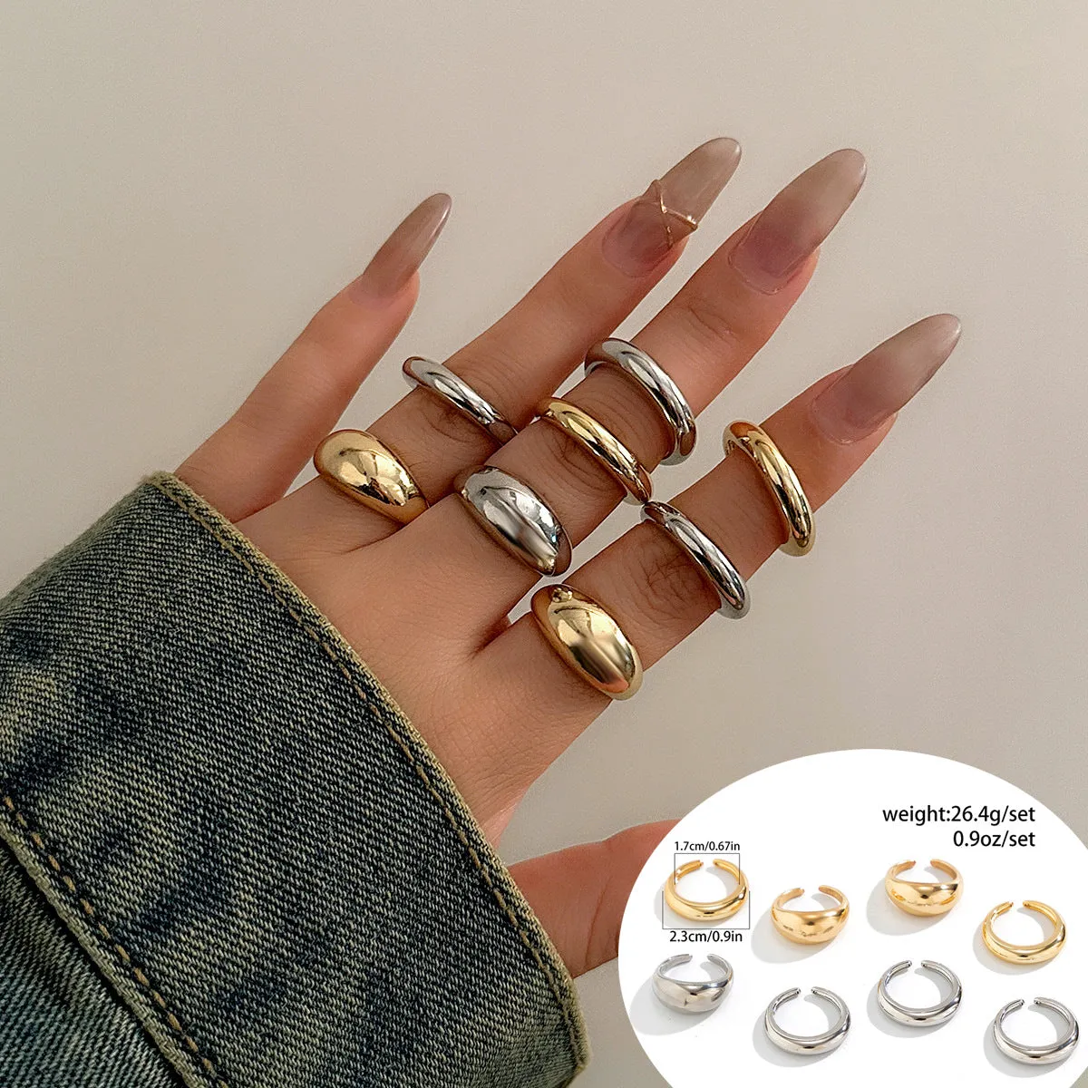European and American Jewelry Collection: Glamorous Glossy Ball Ring Set with Open Round Design, Unique Geometric Curved Hand Accessory