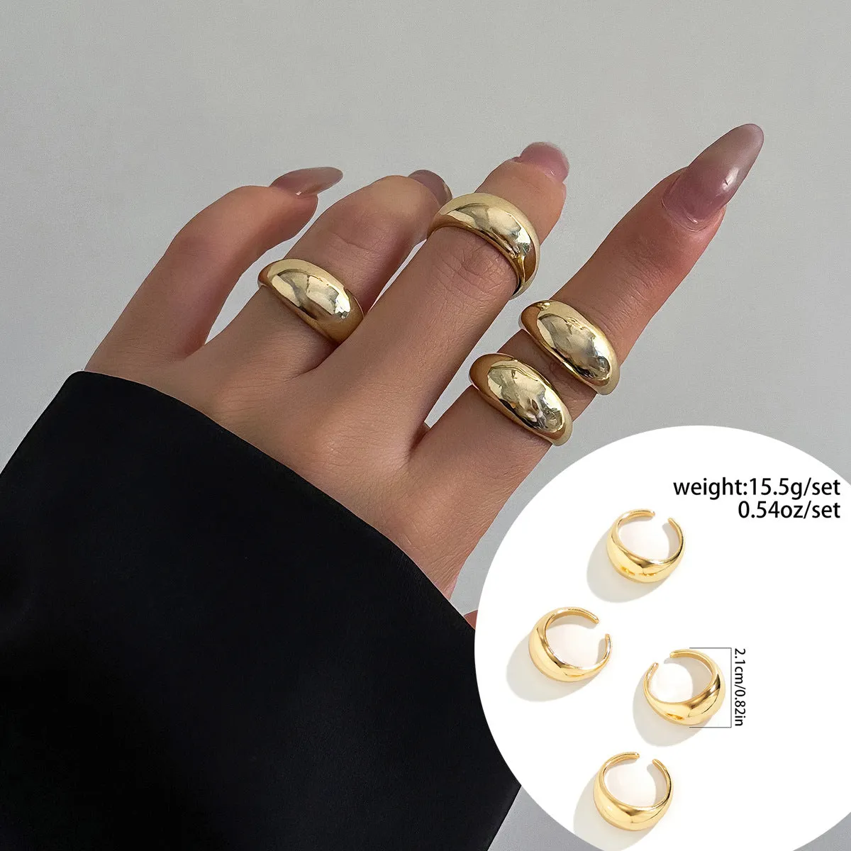 European and American Jewelry Collection: Glamorous Glossy Ball Ring Set with Open Round Design, Unique Geometric Curved Hand Accessory