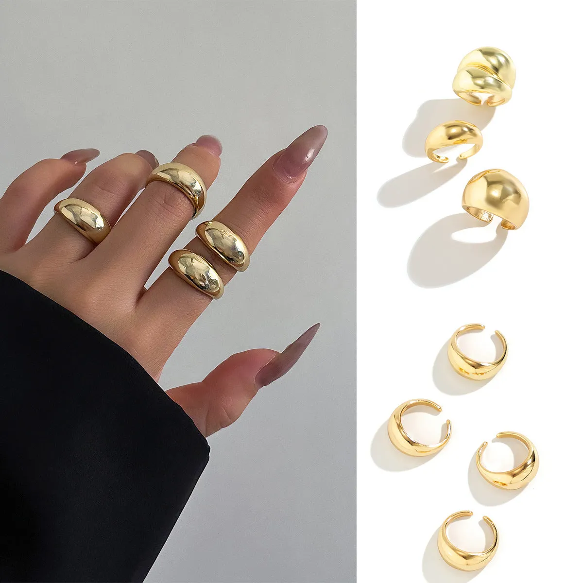 European and American Jewelry Collection: Glamorous Glossy Ball Ring Set with Open Round Design, Unique Geometric Curved Hand Accessory