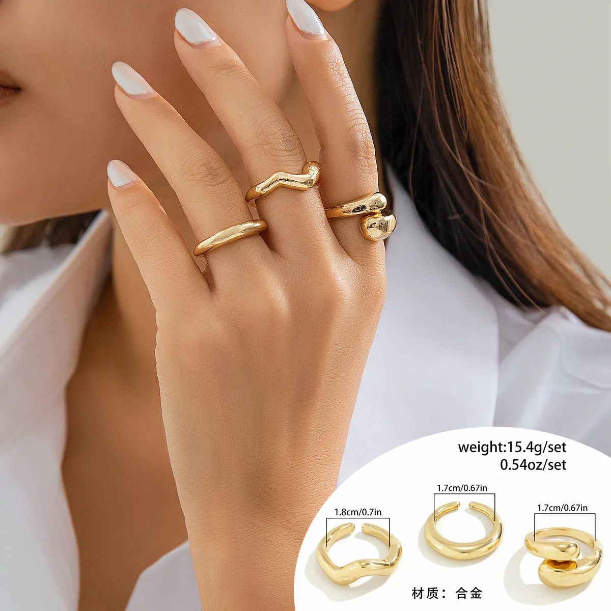 European and American Jewelry Collection: Glamorous Glossy Ball Ring Set with Open Round Design, Unique Geometric Curved Hand Accessory