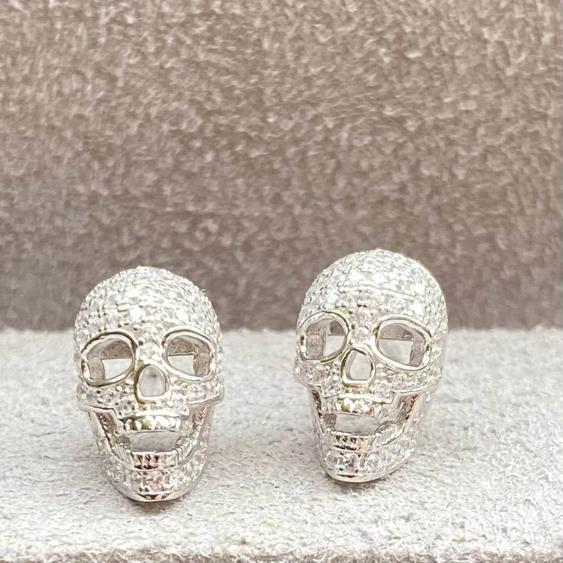 Fine Zirconia Sterling Silver Crystal Skull Stud Earrings